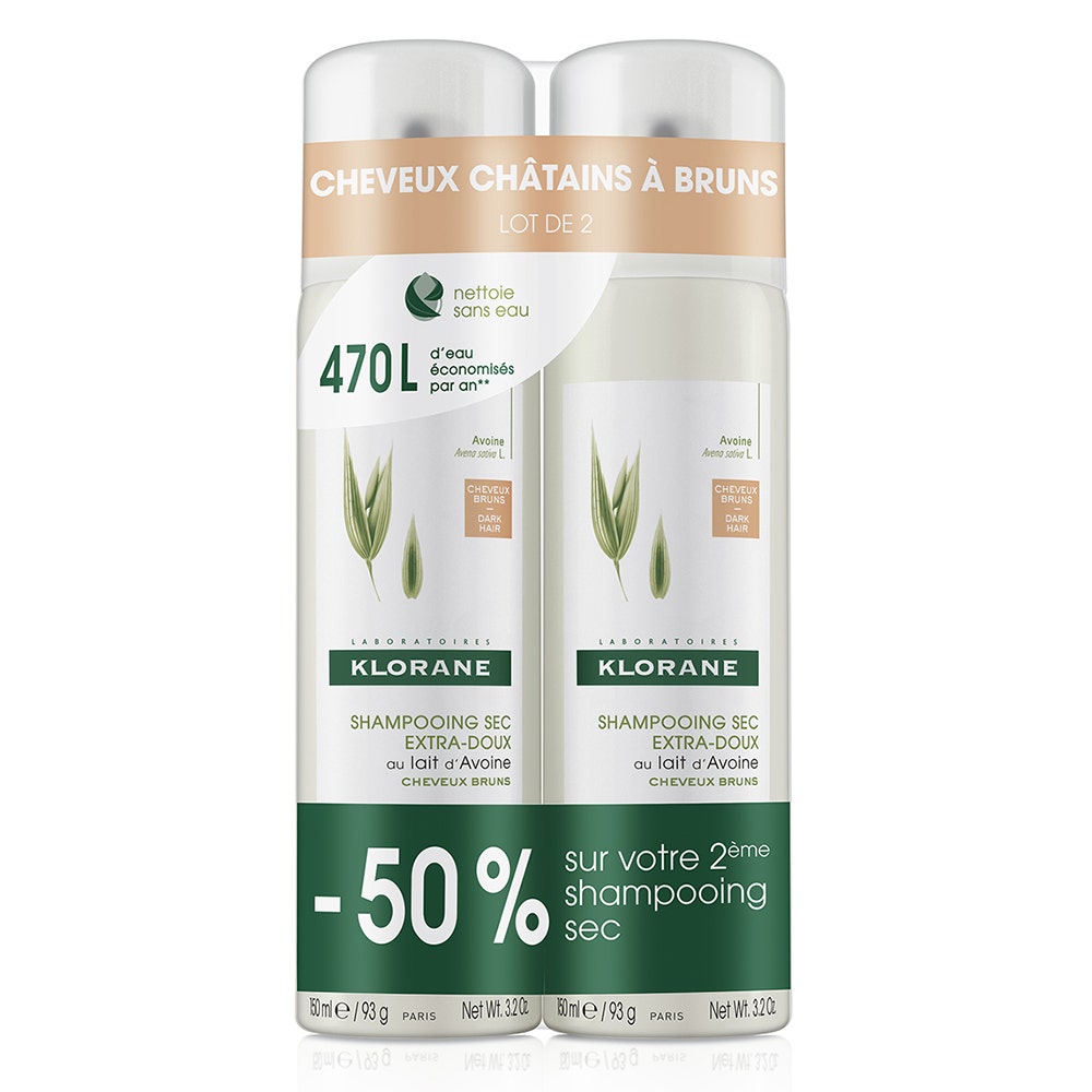 Klorane Latte d'Avena Shampoo Secco Extra-Delicato al Latte d'Avena Capelli scuri 2x150ml