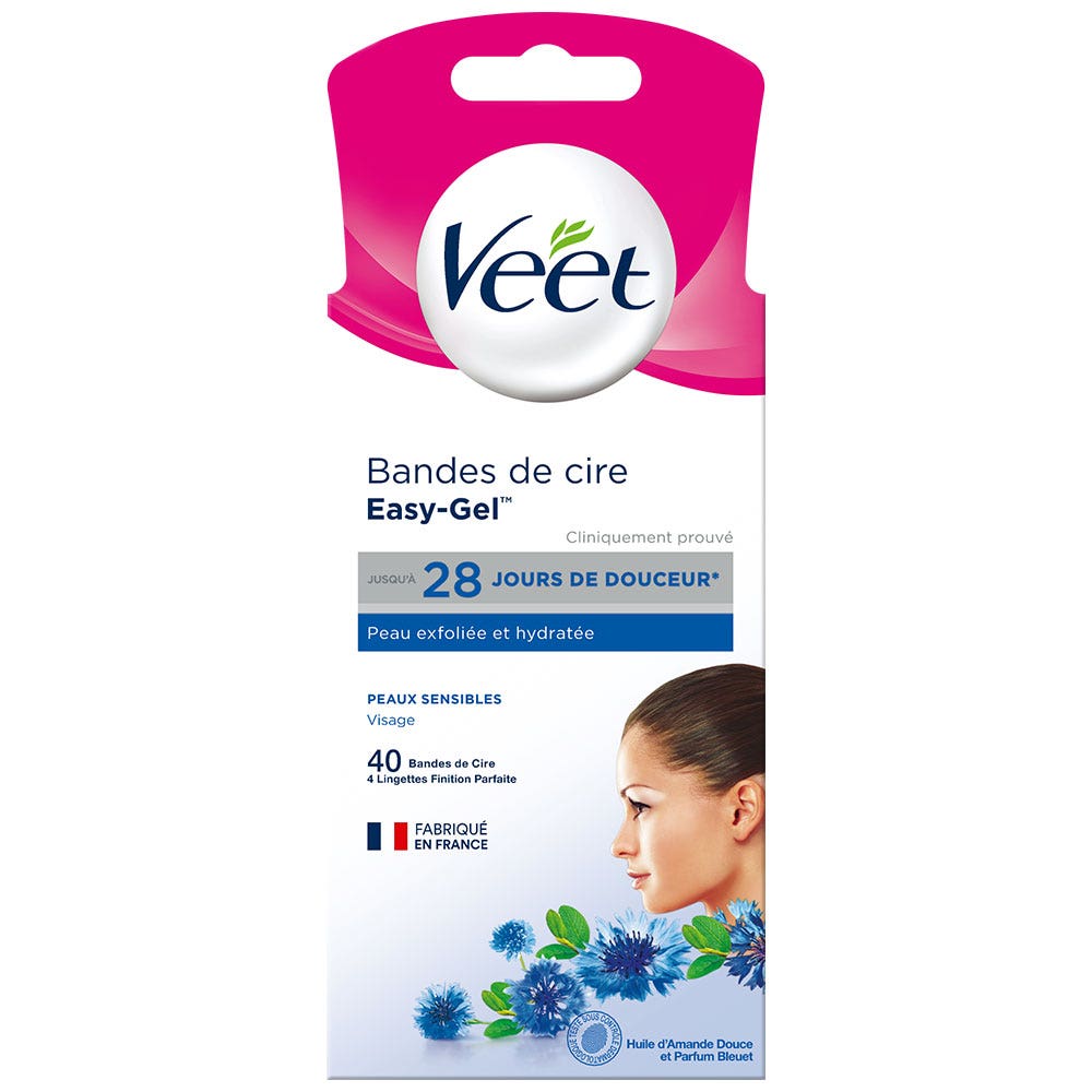 Veet Bendaggi per la ceretta del viso Pelle Sensibile x40 + 4 Salviette