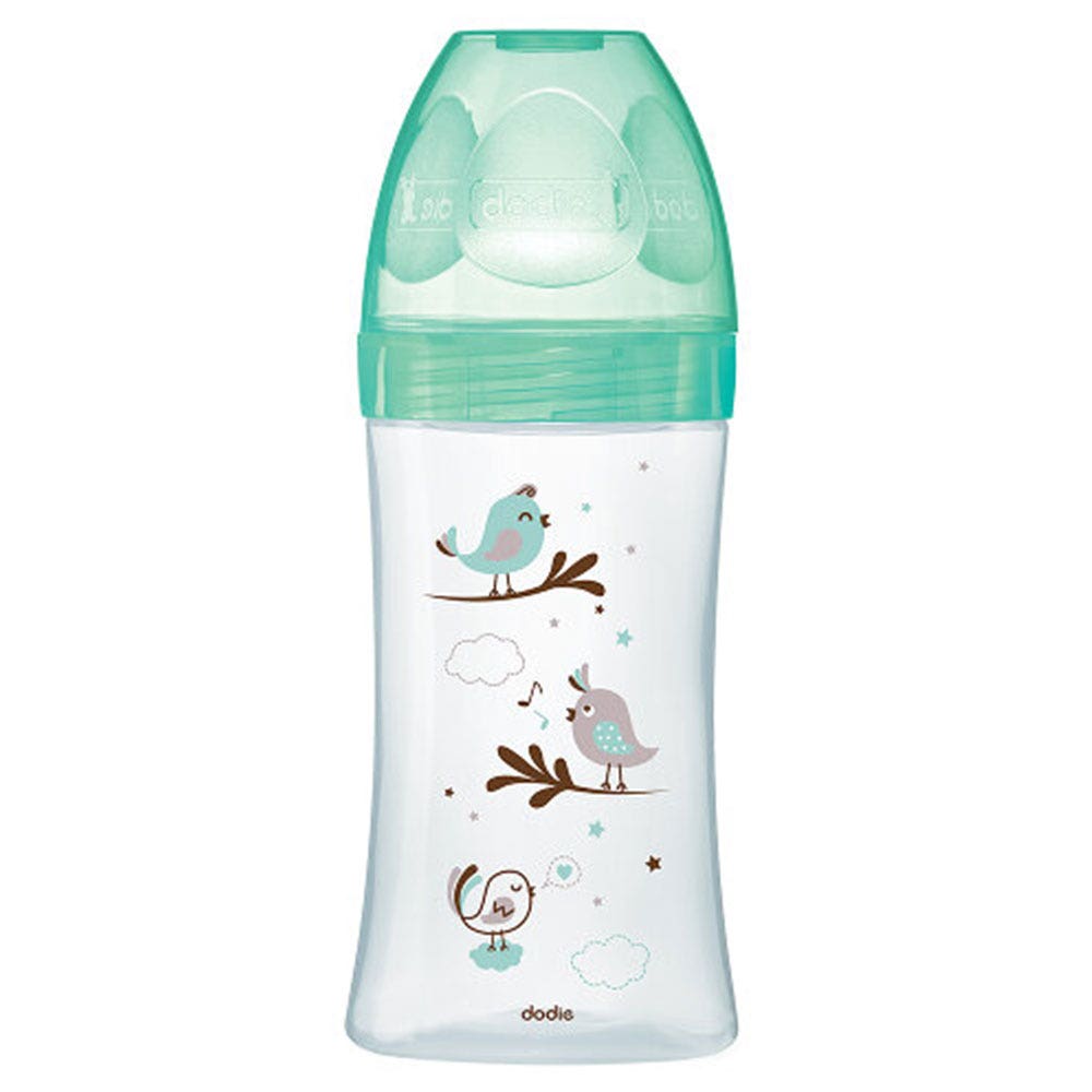 Dodie Bottiglia di vetro anticolica Flow 3 0 - 6 mesi Uccelli verdi 270 ml