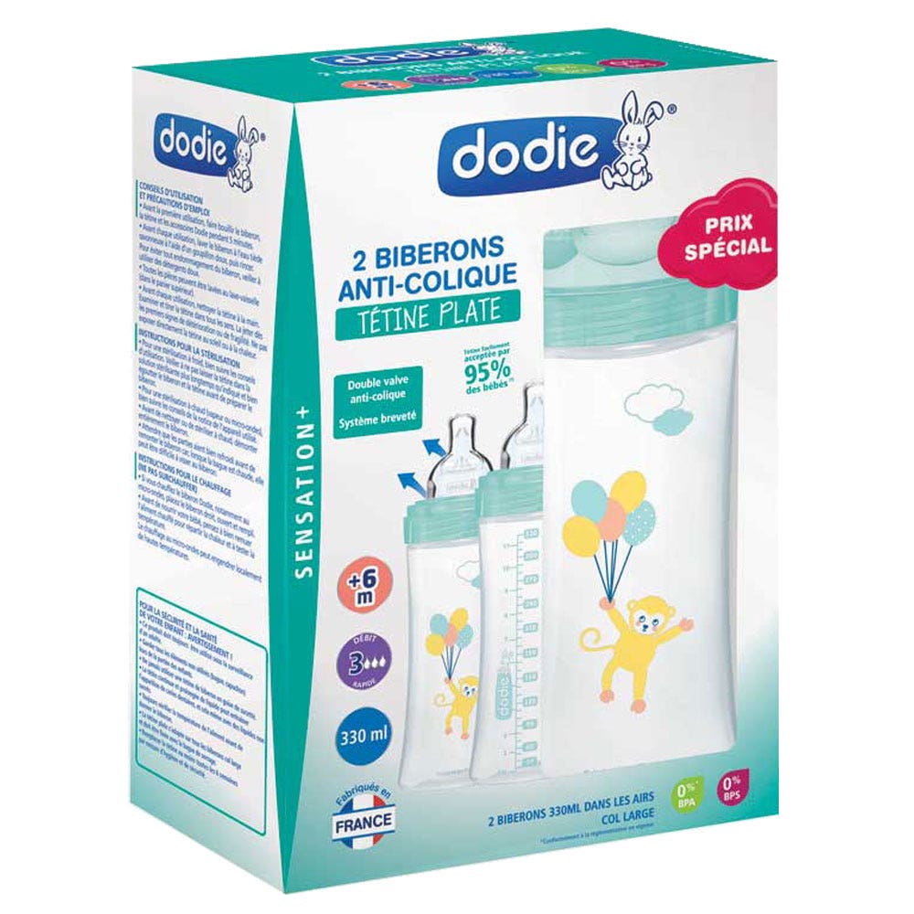 Dodie Cofanetto di 2 biberon Sensation+ anticolica 6 mesi o più 330ml