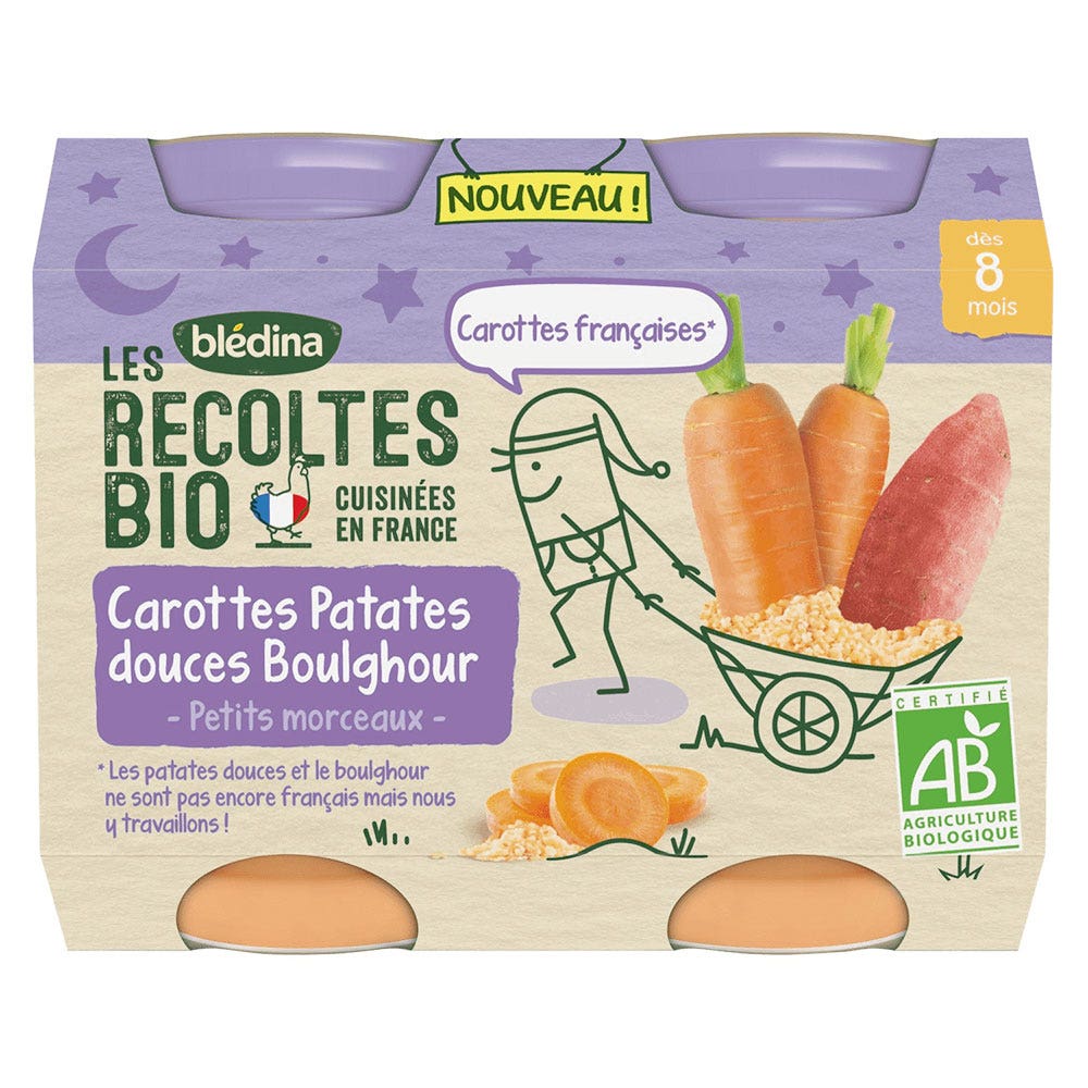 Blédina Bébé Notte Carote Patate Dolci Boulghour 2x200g Les Recoltes Bio Da 8 mesi Bledina
