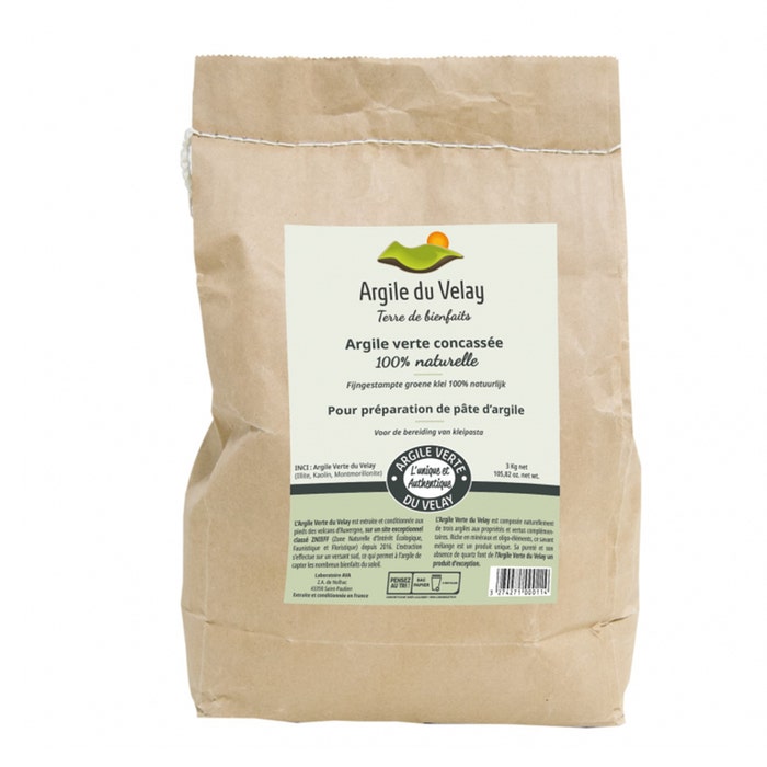 Sacco 100% argilla verde naturale frantumata di Argile du Velay 3 kg Le Soin Capillaire Beliflor