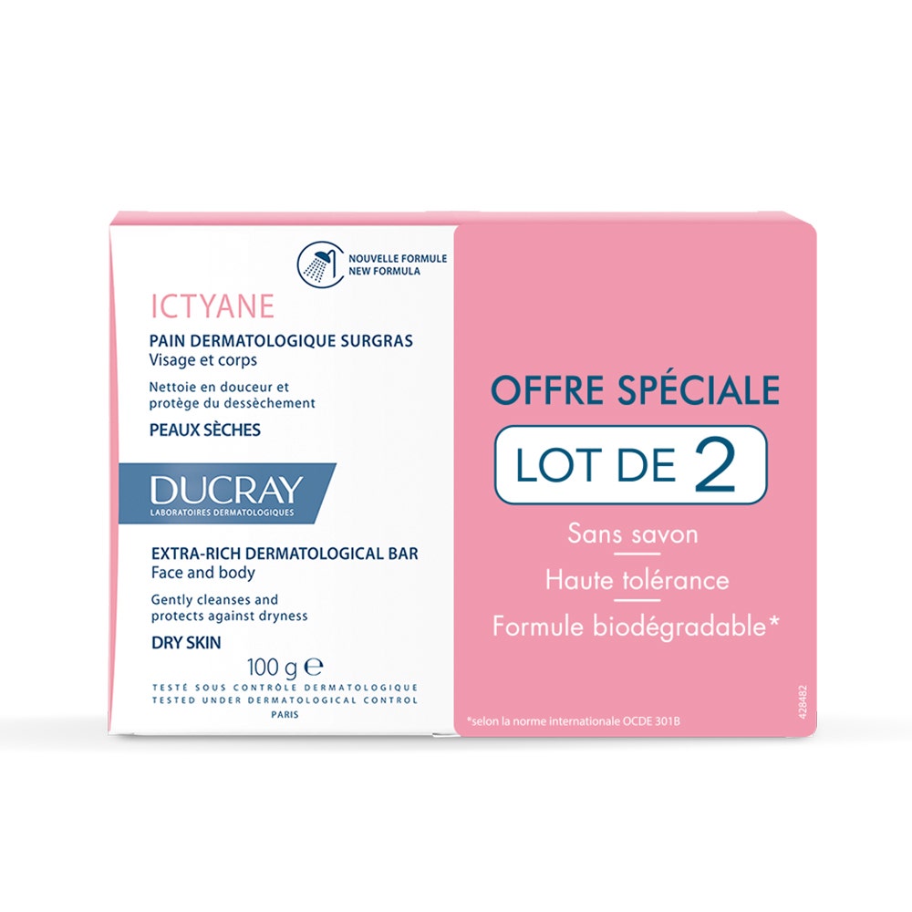 Ducray Ictyane Pane dermatologico surgras Viso e Corpo Pelli secche 2x100g