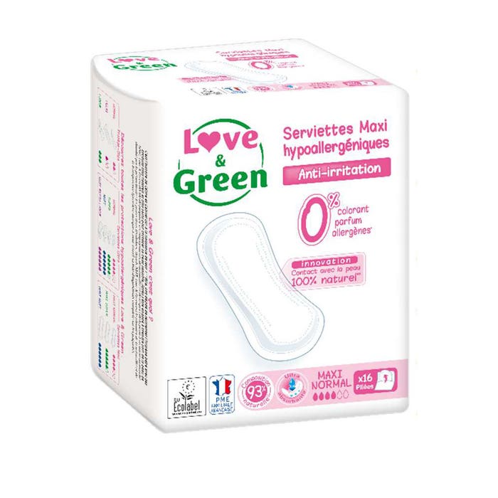 Assorbenti ipoallergenici con ali - Flusso normale - 14pz 16 Serviettes Anti-Irritations Love&Green
