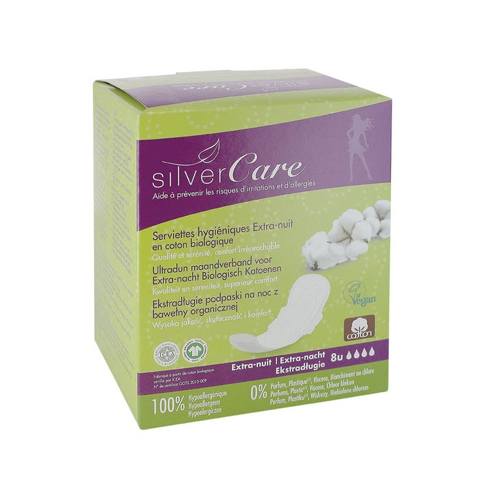 Asciugamani igienici da notte extra in cotone biologico x8 Silver Care