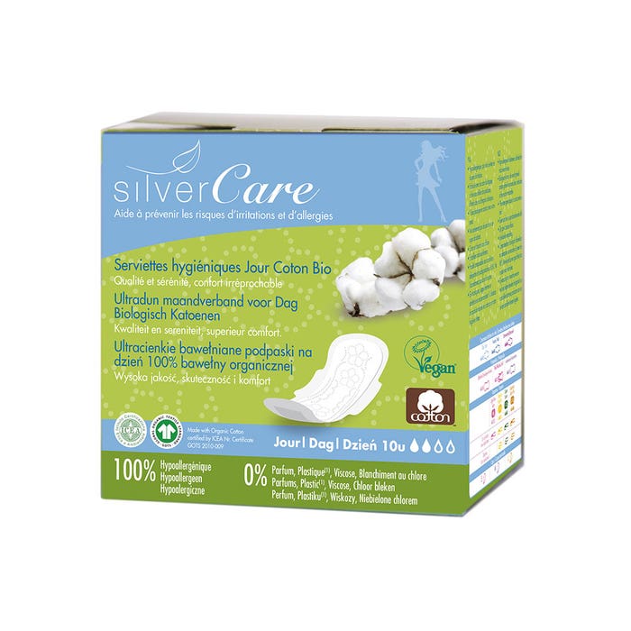 Asciugamani igienici giornalieri in cotone biologico x10 Silver Care