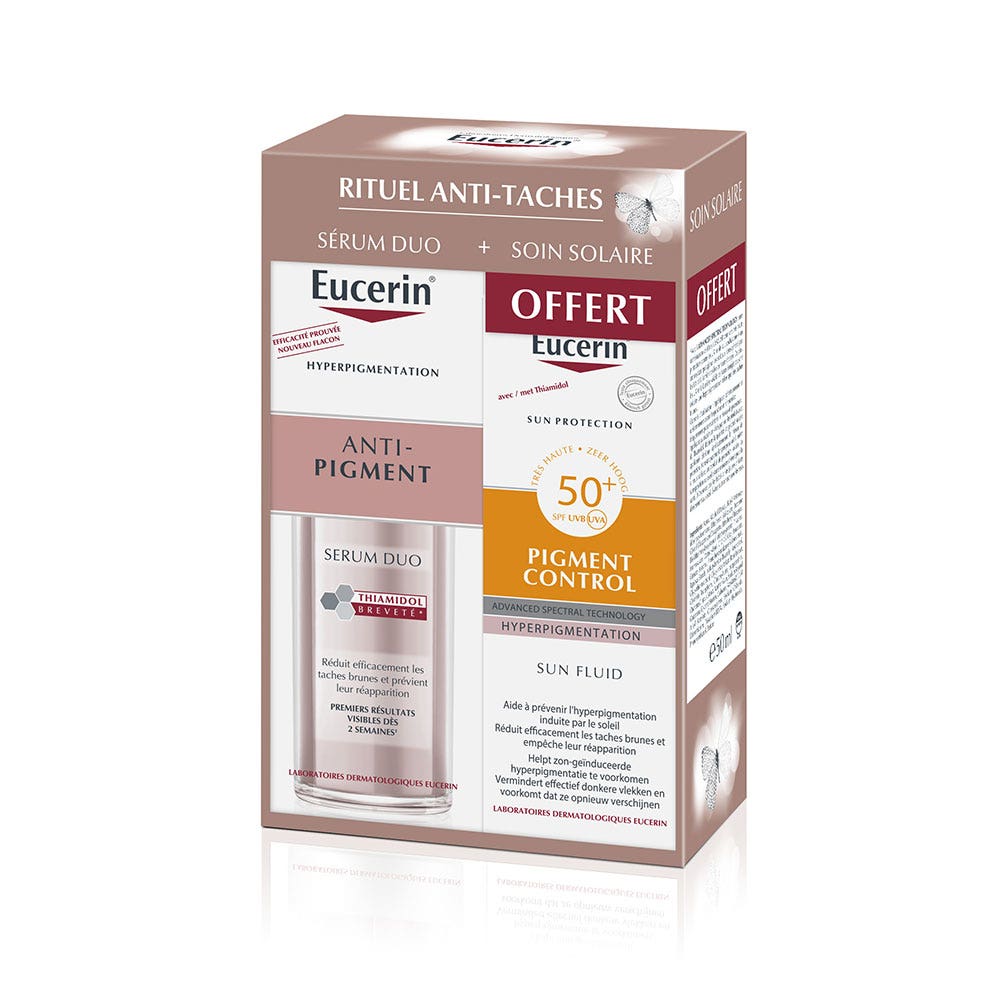 Eucerin Sun Protection Rituale anti-macchie Anti-Pigment Dual Serum + Sun Fluid Pigment Control SPF 50+ in regalo 30ml
