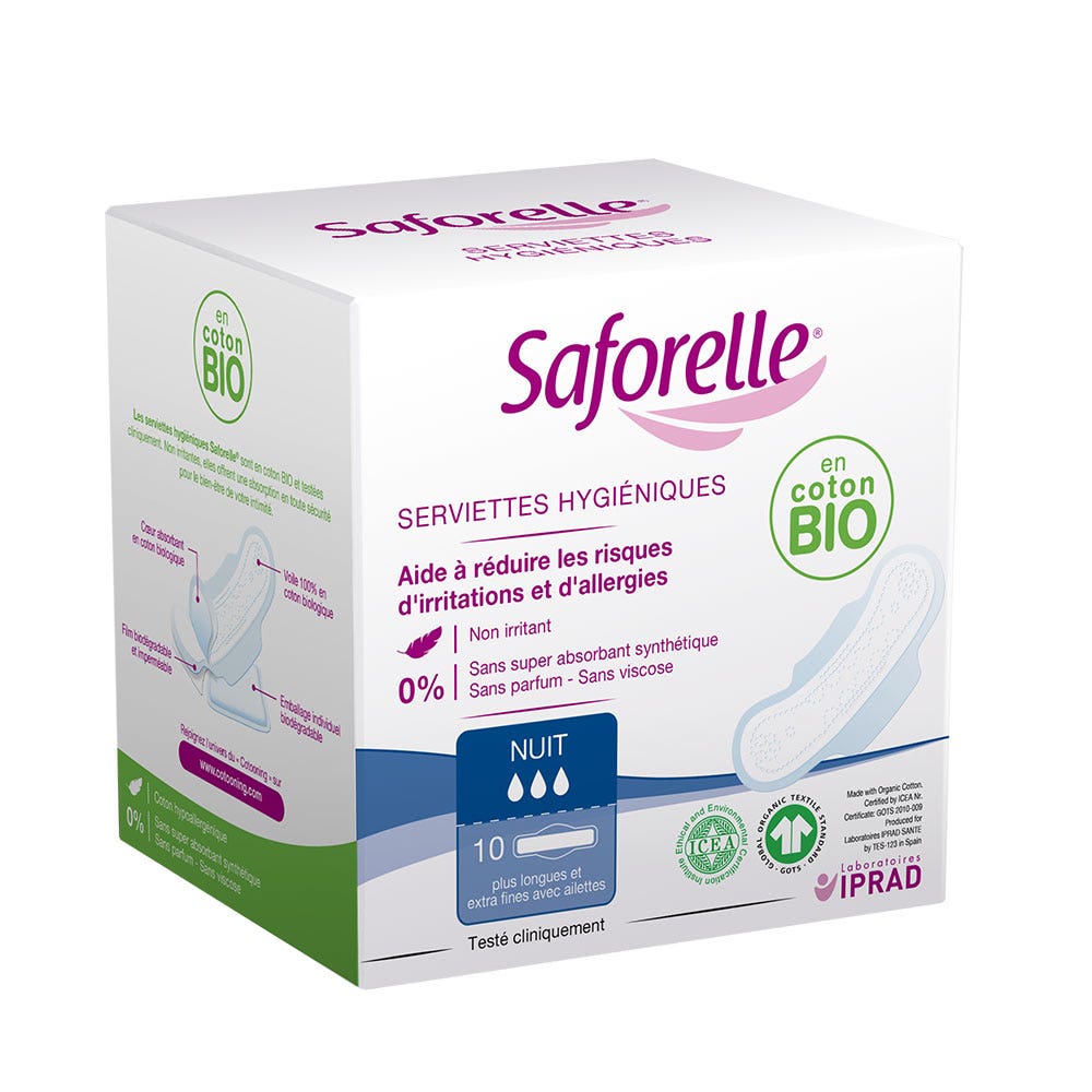 Saforelle Asciugamani da notte igienici con ali in cotone biologico x10