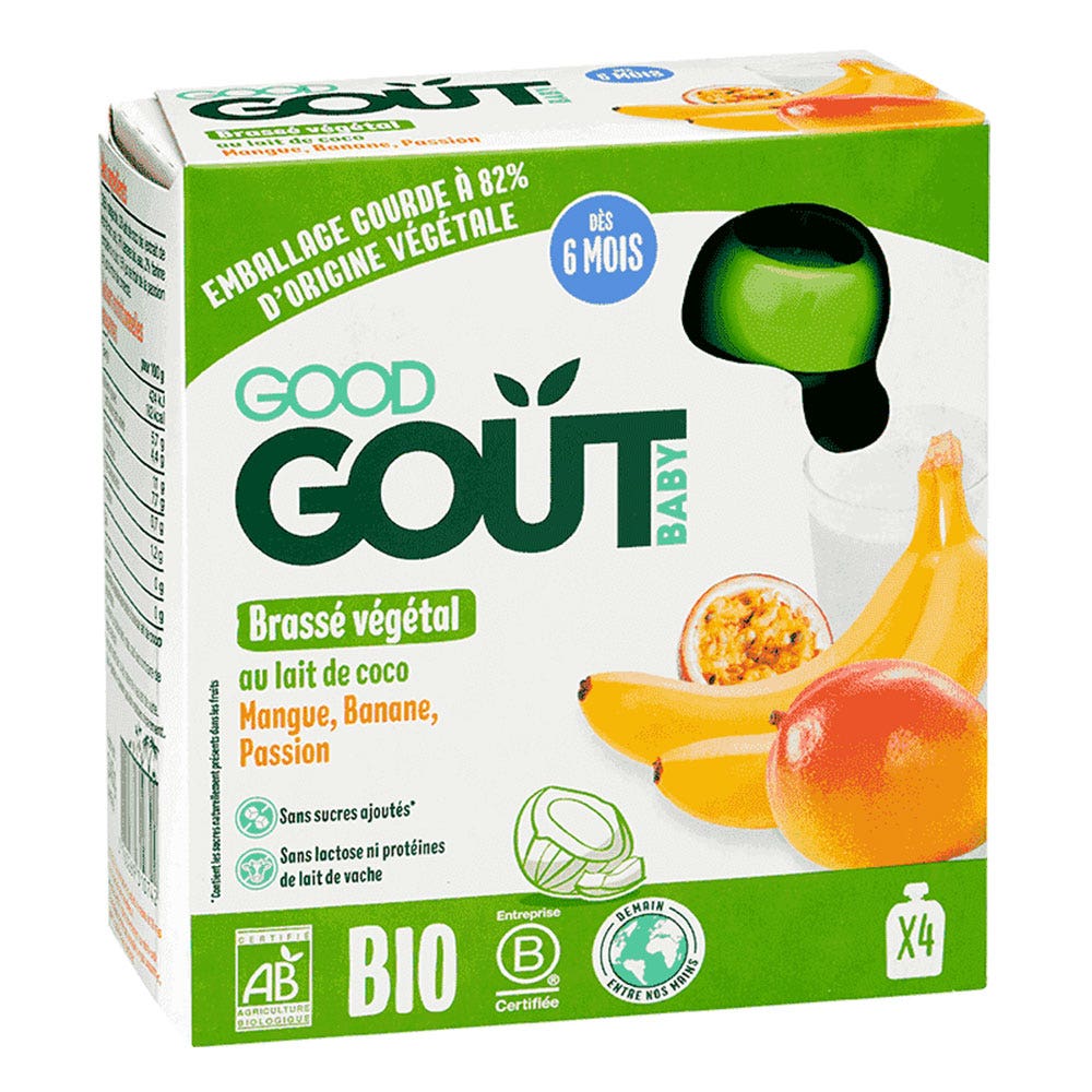 Good Gout Dessert Brassé Végétal Latte di cocco biologico, Mango, banana e zucche del frutto della passione Da 6 mesi 4x85g