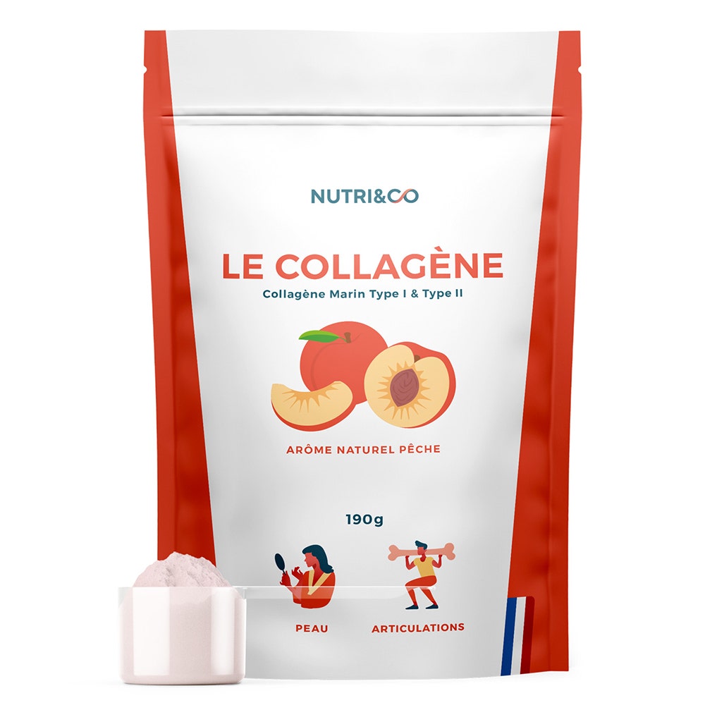 NUTRI&CO Collagene marino brevettato Tipo 1 e 2 in polvere Pelle rassodata Gusto pesca 190g