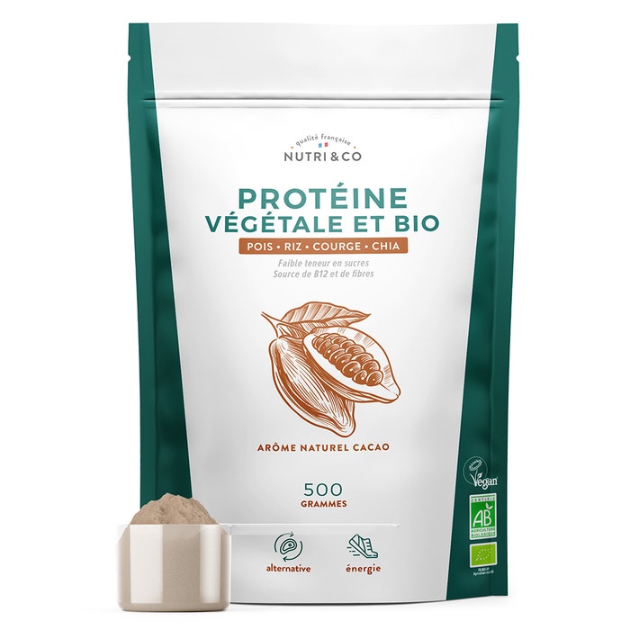 NUTRI&CO Proteine vegetali biologiche 4 Fonti di Proteine Gusto Cacao Vegano 500g