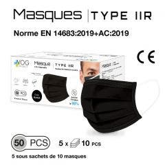 Masques chirurgicaux jetables Noirs x50 Type IIR EN 14683:2019+AC:2019 Vog Protect